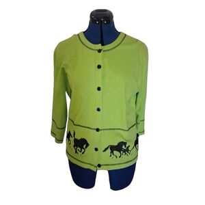 Lime Green Horse-Print Button Front Women's Top